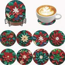 New DITY Handmade Diamond Painting, Shiny Full Drill Living Room Bedroom Tea Cup Coaster Decor 8pcs Set, Suitable For Gift Giving [With Stand] - Multicolor - View 1