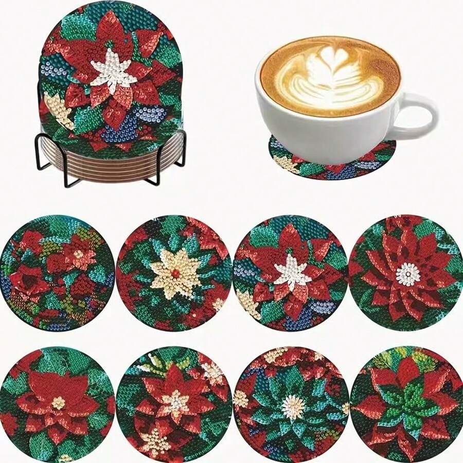 New DITY Handmade Diamond Painting, Shiny Full Drill Living Room Bedroom Tea Cup Coaster Decor 8pcs Set, Suitable For Gift Giving [With Stand] - Multicolor - View 1