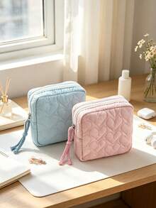1/5pcs Heart-Shaped Quilted Mini Zipper Storage Bag, Tassel Zipper Portable Small Square Pouch, Soft Cosmetic Jewelry Earphone Organizer, Suitable For Travel And Daily Use,Travel Essential - Multicolor - View 1