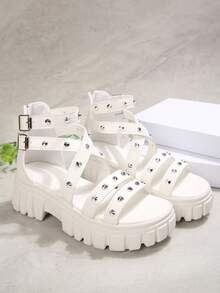 Punk Rivet Thick Sole Roman Sandals For Women, Multi-Strap Double Buckle High-Top Gear Sole Open Toe Platform Wedge Sandals, Peep Toe Thick Sole Height-Increasing Casual Versatile Women's Shoes - White - View 8
