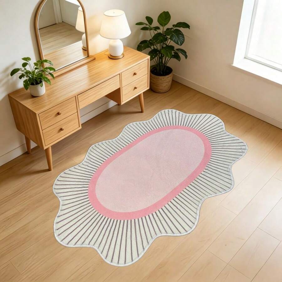 1pc Cream Style Pink Bedroom Decorative Rug, Black Line Design Bedside Runner, Ins Nordic Minimalist Dressing Room Plush Rug, Fluffy Soft Asymmetrical Shaped Casual Floor Mat, Living Room Rug, Doormat, Area Rug, Home Decor, Large Living Room Rug, Room Decoration, Washable Rug