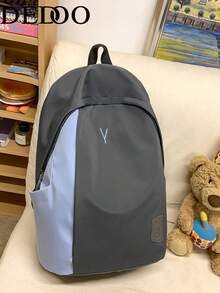Dedoo Colorblock Zipper Backpack, Letter Embroidery & Label Detail, Large Capacity, Student School Bag, Suitable For University Campus, Back To School Student Backpack - Grey - View 7