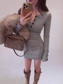 Women's Grey Knit Sweater Dress, Long Sleeve Fitted Short Pencil Skirt With Button Detail, Suitable For Autumn/Winter Season - Grey - View 2