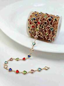 Rantai Tembaga Berwarna-warni Berbentuk Hati Berkilau dengan Batu Permata Kaca Sepanjang 100cm/39,37in, Aksesori Pembuatan Perhiasan DIY, Cocok untuk Pembuatan Kalung, Gelang, Gelang Kaki, Anting-anting, dan Perhiasan Hadiah Buatan Tangan - MultiWarna - View 5