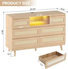Cómoda de ratán de 6 cajones con estación de Carga, Luces LED, cómoda de Madera Natural para recámara, cómoda Moderna de Granja para guardería, Sala de Estar, Entrada - Beis - Ver 2