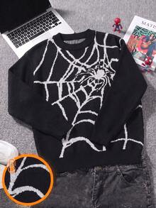 Teen Boys Halloween Spider Pattern Pullover Sweater, Vintage Hip Hop Spider Web Jacquard Knit Top - Black - View 7