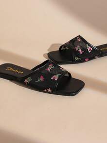 French Floral Mesh Square Toe One-Strap Flat Slide Sandals For Women, Summer Outdoor Wear, Fairy Style Vacation Slippers - Black - View 1