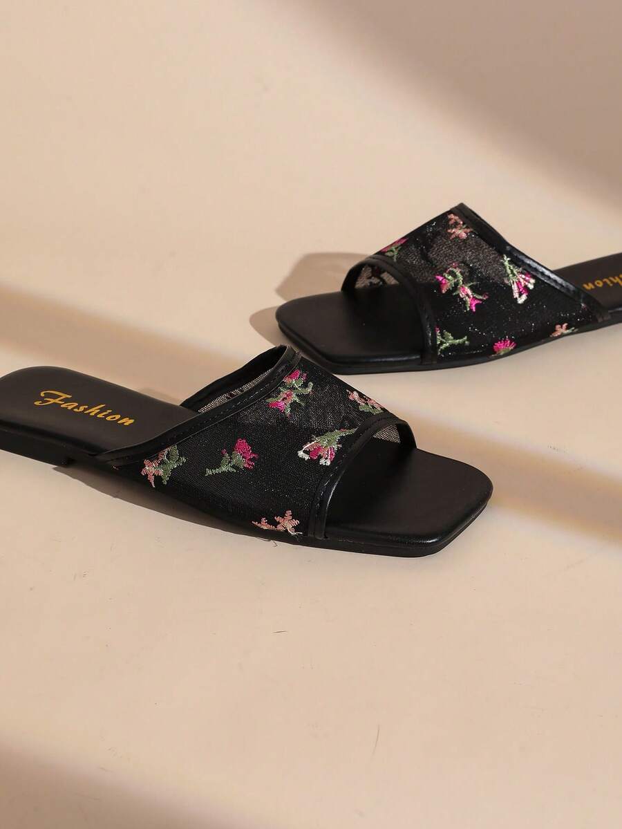 French Floral Mesh Square Toe One-Strap Flat Slide Sandals For Women, Summer Outdoor Wear, Fairy Style Vacation Slippers - Black - View 1