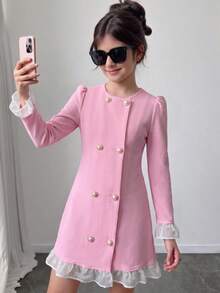 Tween Girls Pink Double-Breasted Colorblock Ruffle Design A-Line Short Dress, Cute Elegant Casual Streetwear School Style, Autumn/Winter - Pink - View 2