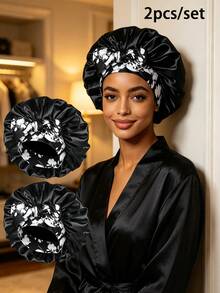 2pcs Women's Floral Print Bow Decor Satin Hair Cap, Soft Elastic Band, Silky Smooth Hair Protection Night Cap, Suitable For Daily Home, Vacation, Travel Use - 2pcs - View 26