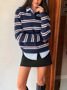Women's Casual Minimalist Striped Collared Button Half-Placket Long Sleeve Ribbed Cuff Pullover, Daily Party Retro Streetwear Sweater, Fall Winter - Multicolor - View 2