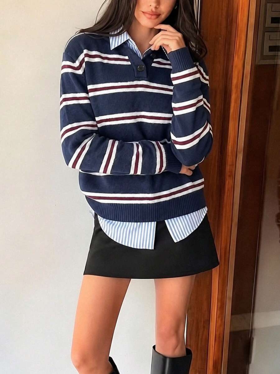 Pullover Wanita Kasual Minimalis Bergaris Berkerah Kancing Setengah Plaket Lengan Panjang Manset Berusuk, Sweater Streetwear Retro untuk Pesta Sehari-hari, Musim Gugur Musim Dingin - MultiWarna - View 1