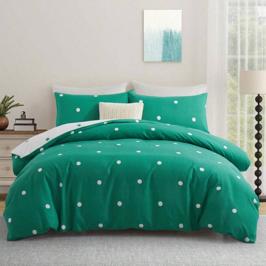 Soft Brushed Microfiber Duvet Bedding Set Wave Pattern For Household Bedroom - Green and White Dotted - View 1