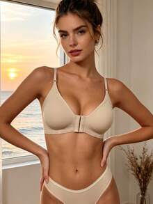 Front Closure Push-Up Lift Anti-Sag Sexy Thin Daily Wear Slimming Seamless Wire-Free Back-Showing Bra For Women With Small Bust - Apricot - View 2
