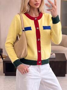 Women's Colorblock Knit Cardigan, Autumn/Winter Long Sleeve Round Neck Button-Up Sweater Top, Medium Stretch Knitwear - Yellow - View 7