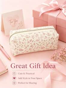1pc Pink Floral Pencil Case, Lightweight Zipper Stationery Storage Bag, Simple Large Capacity Student Pencil Bag, Portable Pen Storage Box, Office Stationery Bag, Makeup Tool Storage Bag, Desktop Accessory, Suitable For Storing Small Items In School And Office, Pen And Pencil Storage, Daily And Travel Use Makeup Accessory Storage Bag, Back To School Season Gift - Multiple Styles - View 3