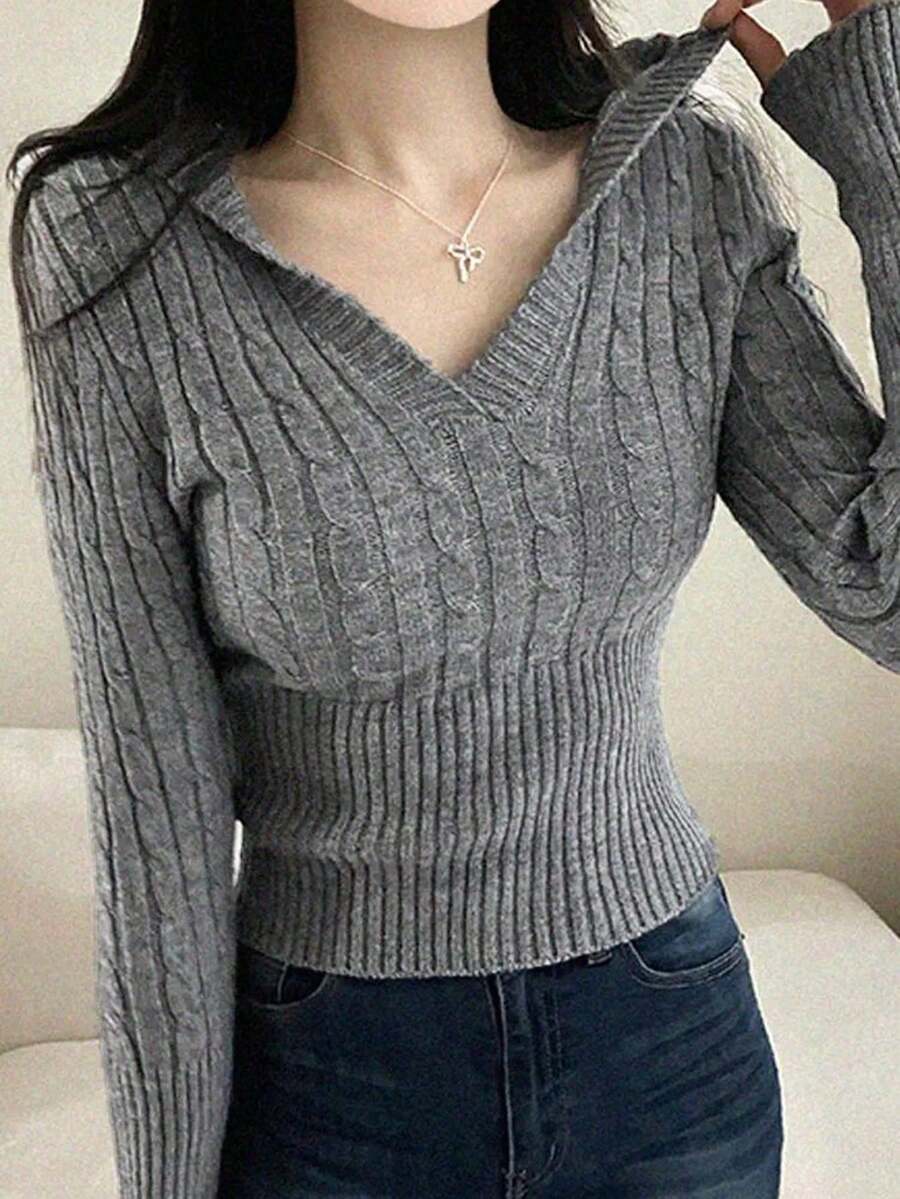 Korean Style Elegant V-Neck Hooded Cable Knit Sweater Long Sleeve Slimming Waist Tops - Grey - View 1