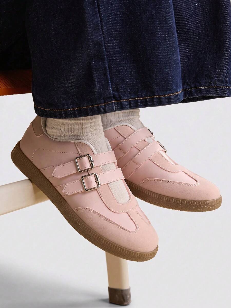 Giày sneaker đế bệt TCVC phối màu khối hai quai, giày Mary Jane tập luyện kiểu Đức retro, giày đi bộ thường ngày nữ - Hồng - Xem 1