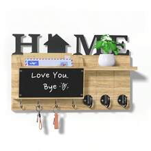 Wall Key Holder - With Recording Blackboard And 7 Hooks, Mail Organizer Wall Mount Rack With Shelf - Hanging Key Rack With Decor Home Decoration, Dog Leash Key Hook, Living Room Bedroom Storage Organizer - Maple - View 3