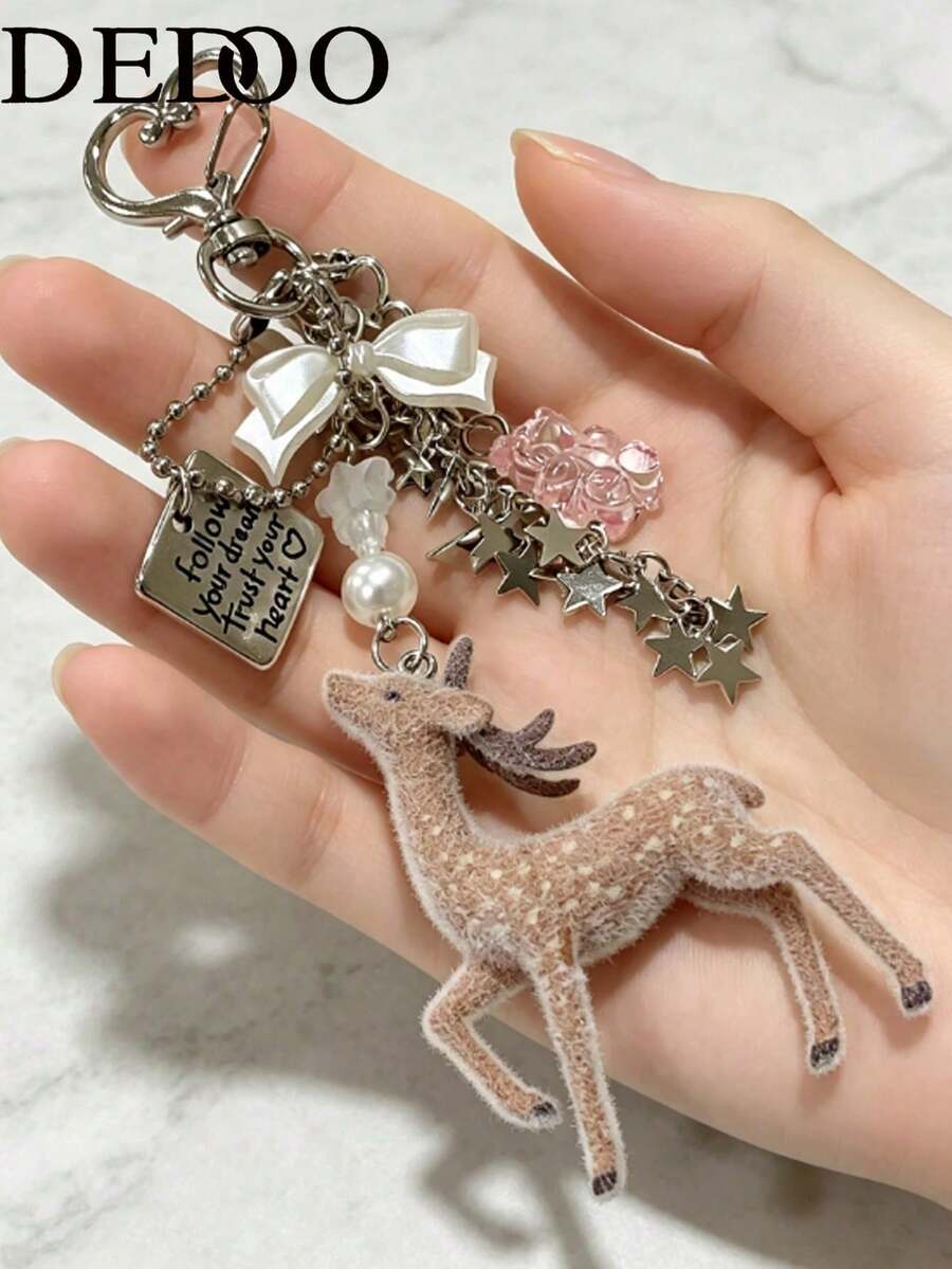 Dedoo Deer-Shaped Keychain Pendant, Lace Pearl Bow Bag Charm, Korean Sweet Clover Backpack Hanging Chain, Y2K Girly Style Gift - Multicolor - View 1