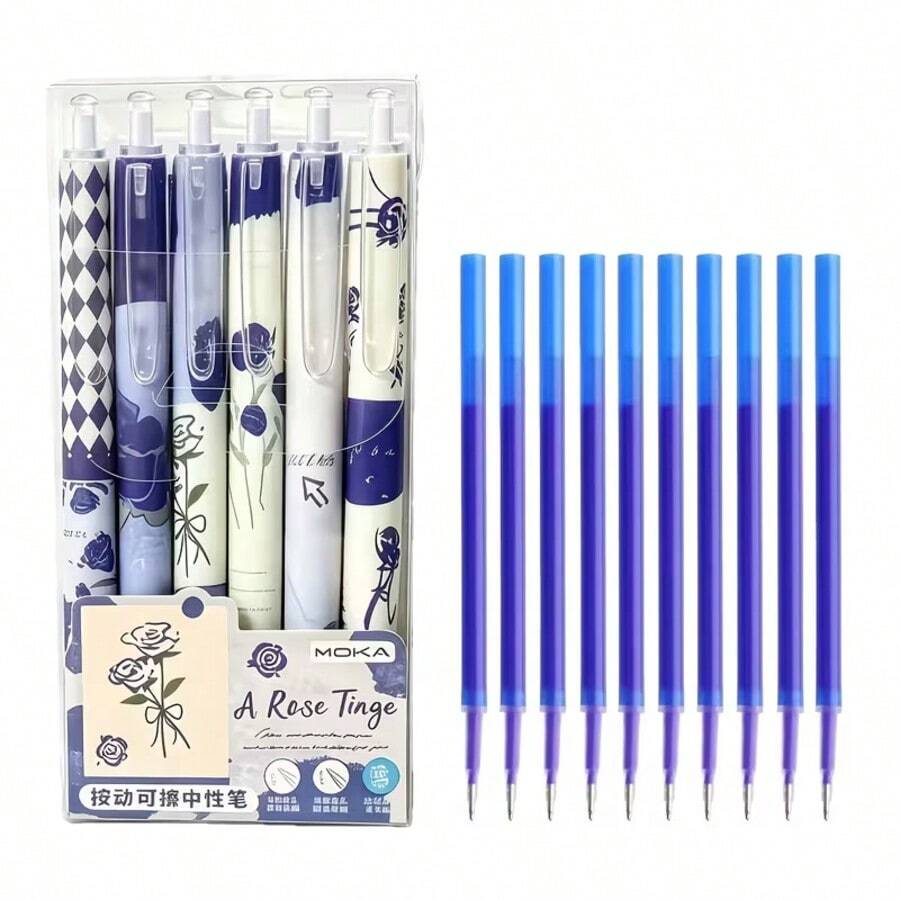 16-Pack Vintage Blue Rose Retractable Erasable Pen Set - Smooth Writing, Medium-Sized Nib, Black Ink, Ergonomically Designed, Suitable For Back-To-School Season, School Supplies, Office And Daily Use (6 Pens + 10 Refills) - Multicolor - View 1