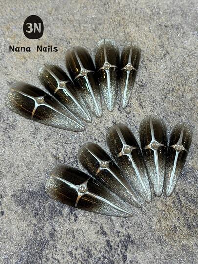 Edgy 10pcs Long Stiletto Press On Nails, Sparkly Silver Black Cat Eye With Metallic Cross Star Pattern And Rhinestone Accents, Heavy Duty Handmade False Nails Set For Women Girls Party Club Night Out Halloween Cosplay Daily Wear Holiday Christmas