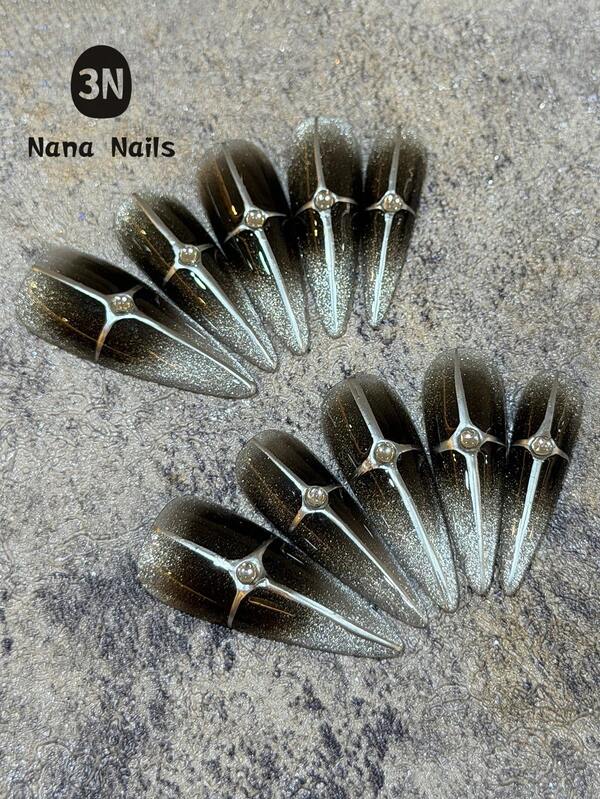 Edgy 10pcs Long Stiletto Press On Nails, Sparkly Silver Black Cat Eye With Metallic Cross Star Pattern And Rhinestone Accents, Heavy Duty Handmade False Nails Set For Women Girls Party Club Night Out Halloween Cosplay Daily Wear Holiday Christmas