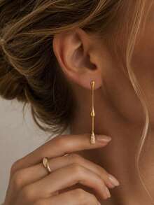 Women's Elegant Long Linear Dangle Earrings, Sparkling CZ Pave Pendant Earrings, Long Chain Earrings, Suitable For Wedding, Party, Date, Daily Wear, Gift - Gold - View 3