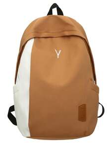 Dedoo Colorblock Zipper Backpack, Letter Embroidery & Label Details, Large Capacity, Student School Bag, Suitable For College Campus, Back To School Season Student Backpack - Brown - View 8