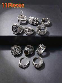 11pcs/Set Unisex Vintage Punk Gothic Skull Geometric Bat Crown Ring Set, Personalized Hip-Hop Style Party Gift Daily Jewelry Accessories - 11-piece Vintage Punk Ring Set - View 1