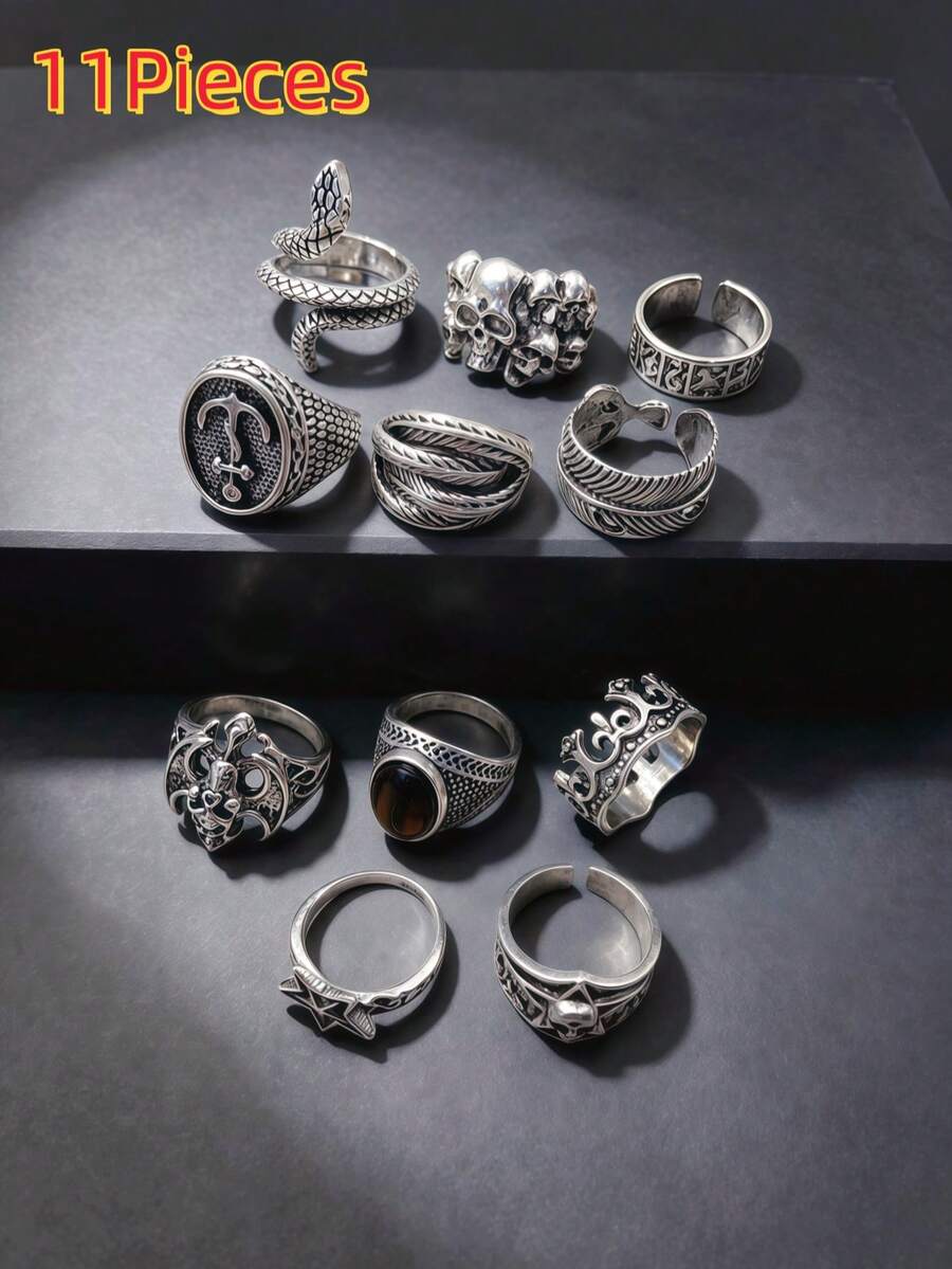11pcs/Set Unisex Vintage Punk Gothic Skull Geometric Bat Crown Ring Set, Personalized Hip-Hop Style Party Gift Daily Jewelry Accessories - 11-piece Vintage Punk Ring Set - View 1