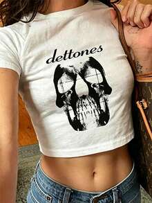 Women's Casual Neck Cropped T-Shirt Skull Around The Fur - Vintage Graphic Tee, Grunge Streetwear Aesthetic, Y2K Nu-Metal Tee - 白色 - 查看 1