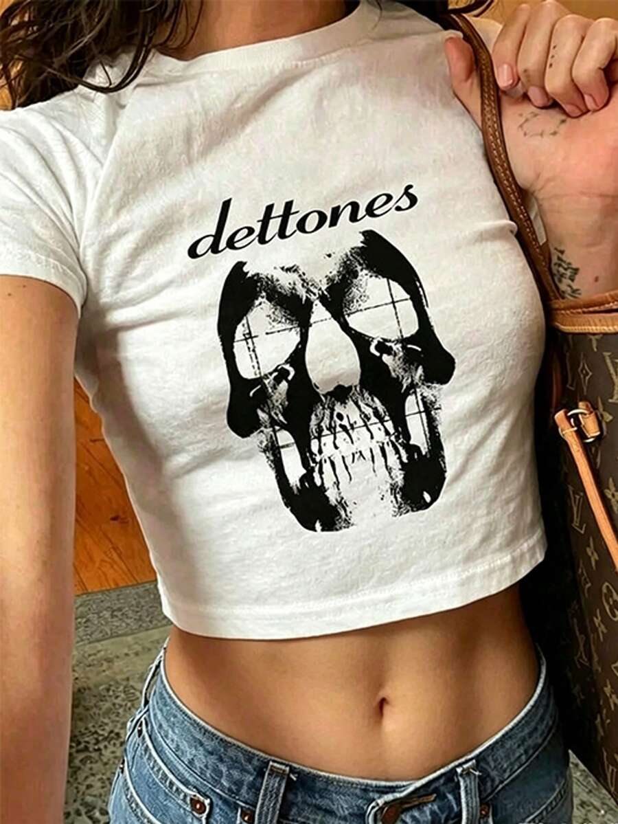Women's Casual Neck Cropped T-Shirt Skull Around The Fur - Vintage Graphic Tee, Grunge Streetwear Aesthetic, Y2K Nu-Metal Tee - 白色 - 查看 1