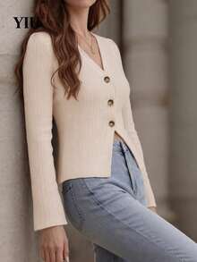 YIU Women's Ribbed Knit Deep V-Neck Long Sleeve Slim Fit Top, Regular Length Beige Semi-Sheer Knit Fabric, Suitable For Autumn - Apricot - View 9
