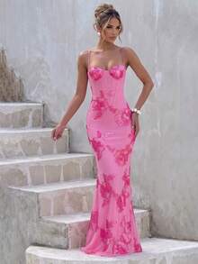 Shiny Floral Embroidered Elegant Sexy Backless Party Dress, Suitable For Anniversary, Graduation, Formal Evening Gala, And Other Occasions - Pink - View 2