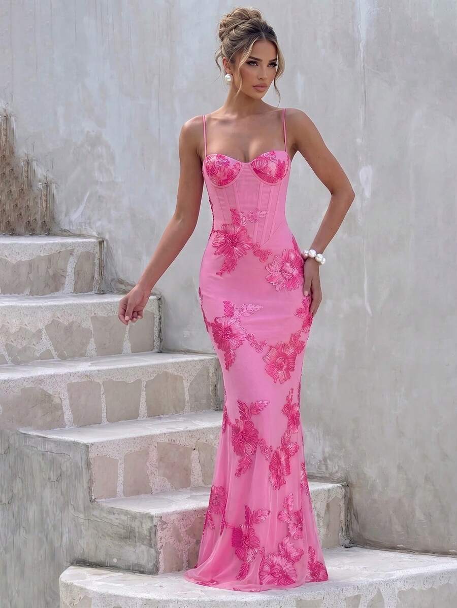 Shiny Floral Embroidered Elegant Sexy Backless Party Dress, Suitable For Anniversary, Graduation, Formal Evening Gala, And Other Occasions