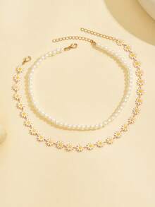 2pcs Fashion Girls Classic Faux Pearl Beaded Daisy Collarbone Necklace Set, Exquisite Jewelry For Daily Wear, Outings, Vacation, Neck Accessory, Best Gift Choice - Multicolor - View 2