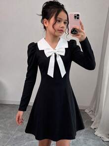 Tween Girls Autumn Black & White Color Block Bow Elegant Commute Street Party Evening Cute Long Sleeve Dress - Black - View 1