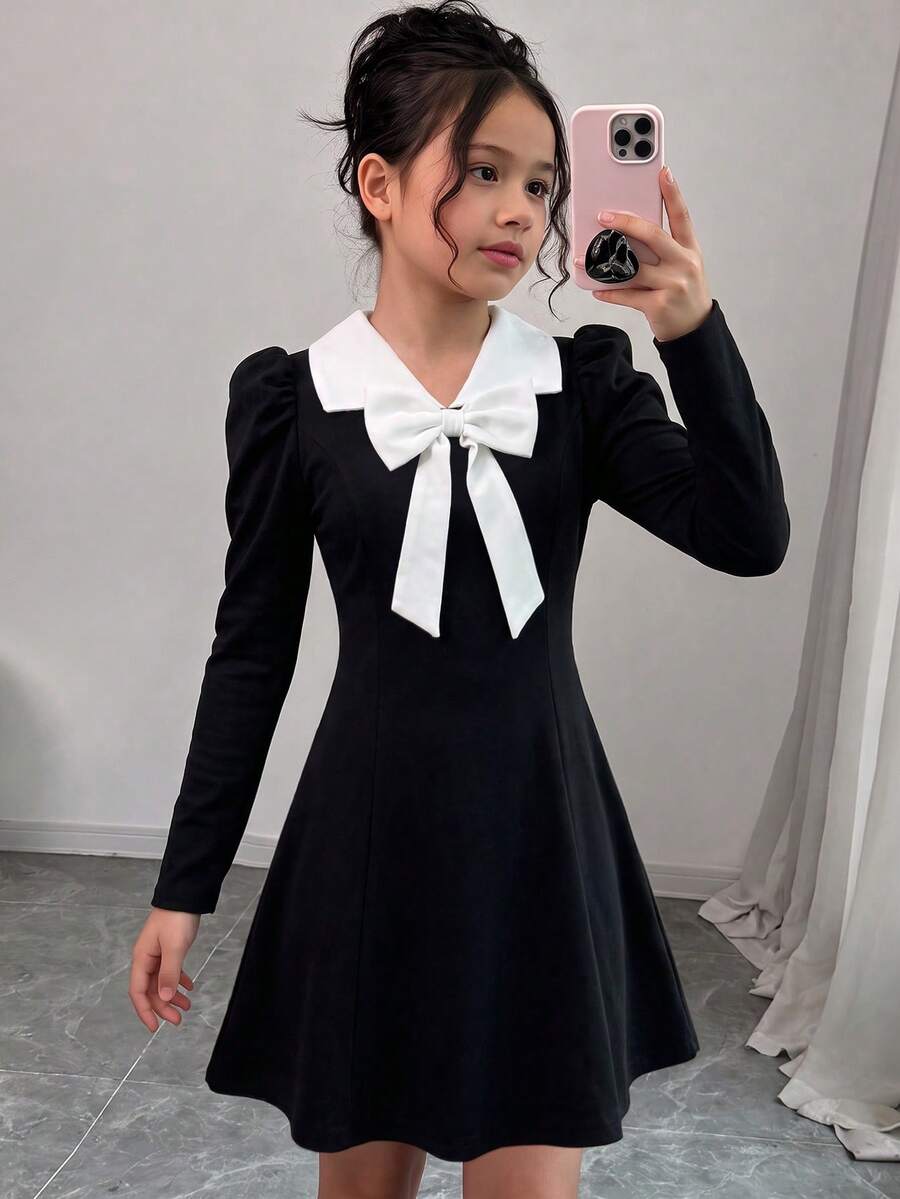 Tween Girls Autumn Black & White Color Block Bow Elegant Commute Street Party Evening Cute Long Sleeve Dress - Black - View 1