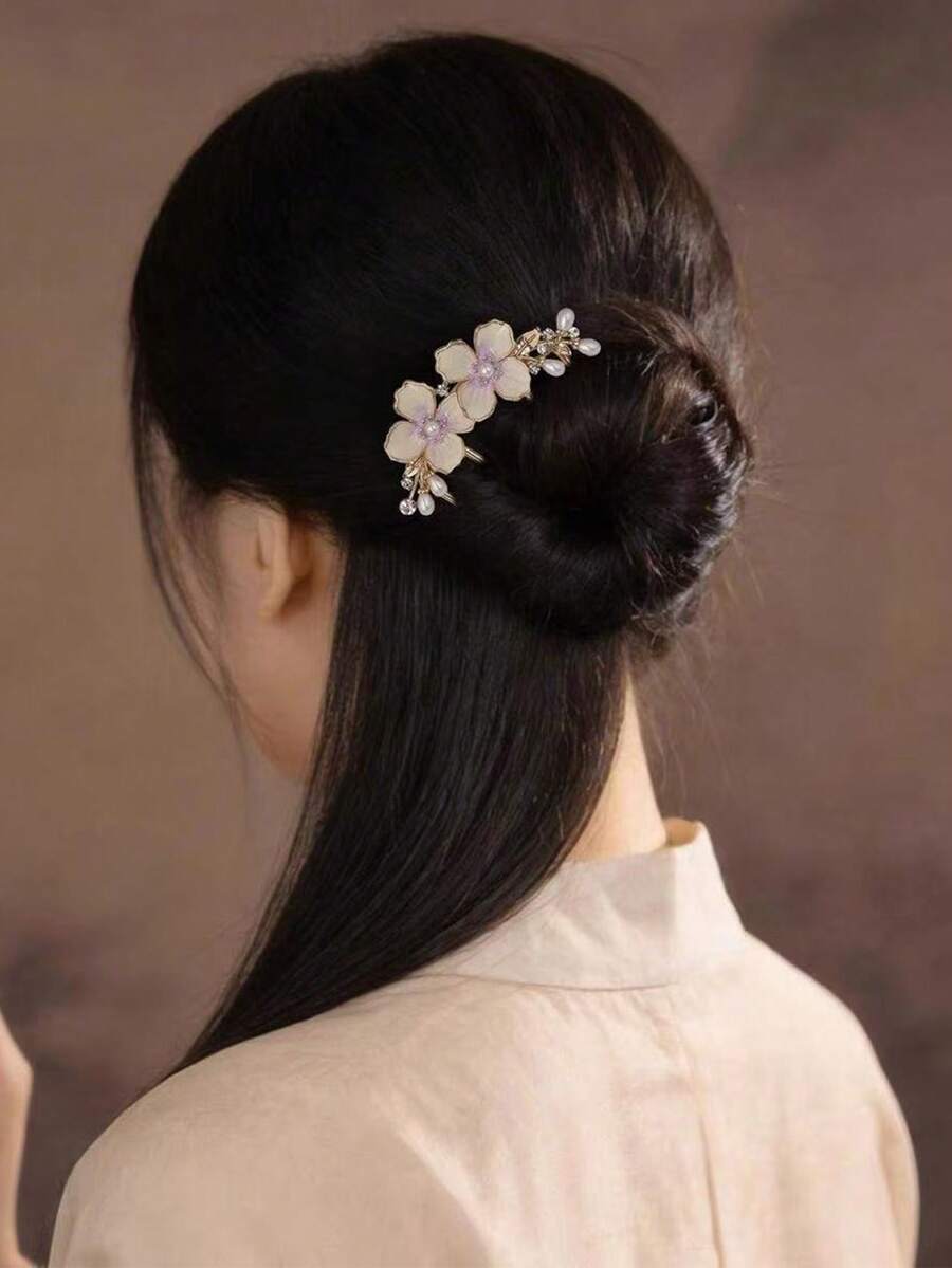 2pcs Faux Pearl Flower Hair Combs, Women's Vintage Bun Hair Sticks, Exquisite Hair Accessories - Multicolor - View 1
