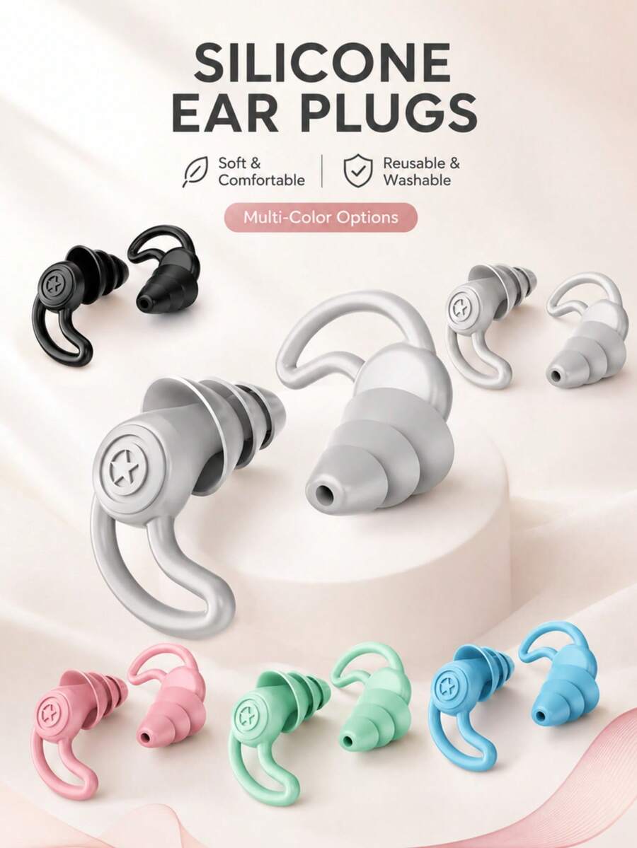 Reusable Soft Silicone Ear Plugs, Triple Flange Noise Reduction Earplugs, Waterproof Swimming Earplugs W/ Loop Handle, Sleep,Travel,Work,Pool, Washable Multi Color Set, Gift Swimmers,Students,Light Sleepers, Summer,Back To School - Multicolor - View 1