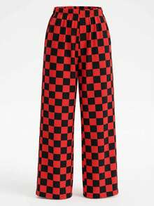 Women's Fashionable Minimalist Checkerboard Print Casual Pants, Personalized Niche Loose Wide Leg Pants Suitable For Work, Commute, Office, Travel, Party, School, Home, Daily Wear, Versatile - Red - View 4