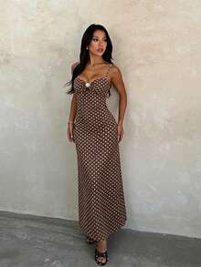 Women's Summer Polka Dot Print Spaghetti Strap Dress, Vacation Style Casual Dress For Party And Gathering - Brown - View 2