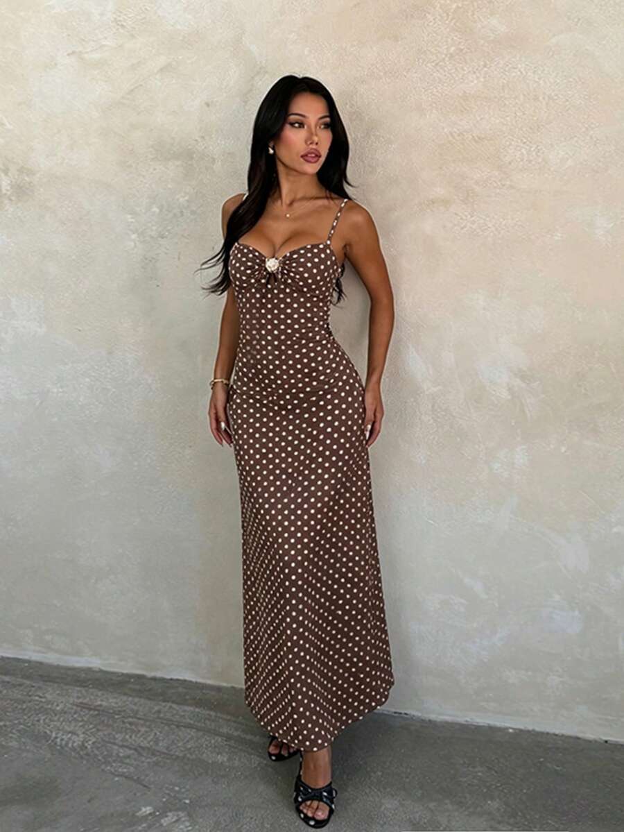 Women's Summer Polka Dot Print Spaghetti Strap Dress, Vacation Style Casual Dress For Party And Gathering