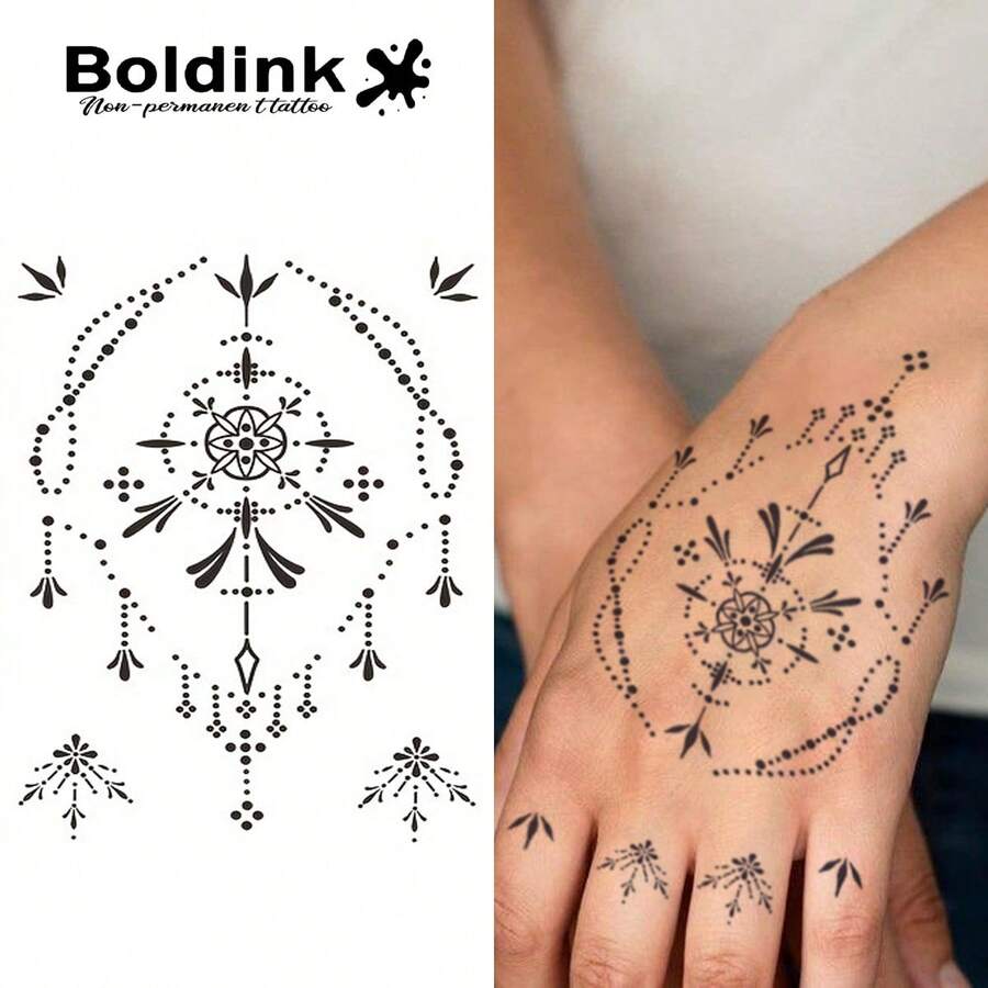 Boldink 1PC Plant Rhombus Dot Line Temporary Tattoo Sticker, Waterproof Body Art Tattoo Sticker, Lasts 1-2 Weeks, Plant Juice Formula, And Gentle Non-Irritating, Perfect For Daily Outfit Styling, Body Decoration, Unisex Chinese Style Gift, Must-Have For People - Black - View 1