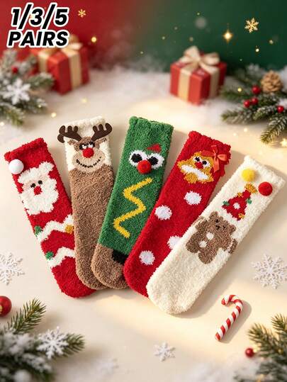 1/3/5 Pairs Christmas Socks Holiday Socks Women's Winter Coral Fleece Socks Couples Thickened Home Warm Cartoon Cute Gift Socks Couple Socks