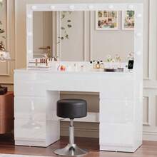 Devoko Dressing Table In Matte White With LED Cosmetic Mirror, Vanity Table Without Stool With 12 LED Lamps, Power Outlets, USB & Type-C, Jewelry Storage And 7 Drawers - 白色高光+深灰色凳子 - 查看 3