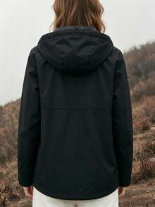New Women's Drawstring Hooded Short Trench Coat, Outdoor Casual Loose Fit Versatile Commuter Jacket - Black - View 2