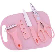 Conjunto Faca Tesoura Tabua Corte Comida Alimento Cozinha Descascador Manual 4 Peças Cocçao - Rosa Bebê - Visão 1