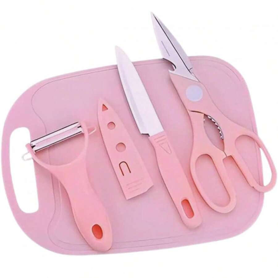 Conjunto Faca Tesoura Tabua Corte Comida Alimento Cozinha Descascador Manual 4 Peças Cocçao - Rosa Bebê - Visão 1